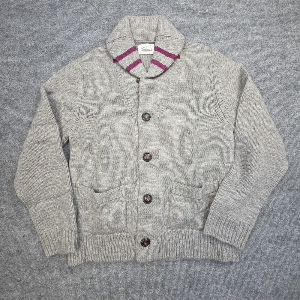 Bolivares Sweater Men's Large Gray Red Shawl Collar Button 100% Wool NWOT